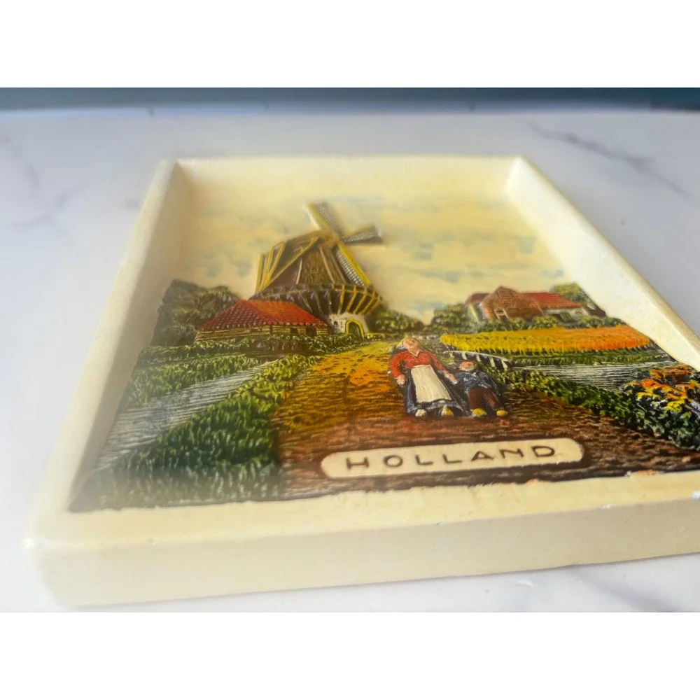 Vintage Holland 3D Relief Wall Plaque Windmill Dutch Landscape Decor Plaster